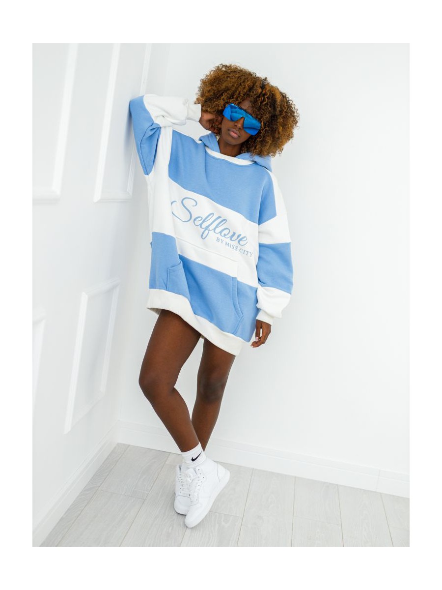 Bluza Selflove z kapturem - niebieska z ecru