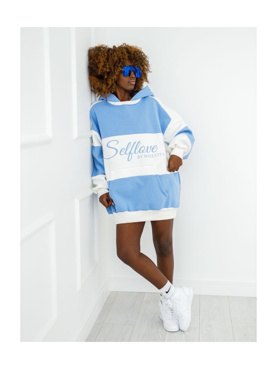 Bluza Selflove z kapturem - niebieska z ecru
